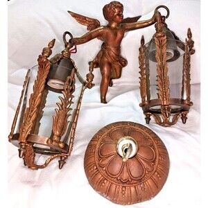ANTIQUE ART NOUVEAU BRONZE PUTTI WINGED CHERUB HANGING 2 LANTERNS LIGHT FIXTURE